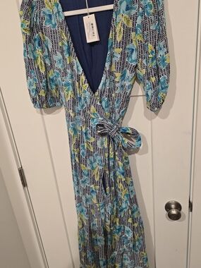 Hatley Floral Wrap Maxi Dress in Teal and Lime NWT